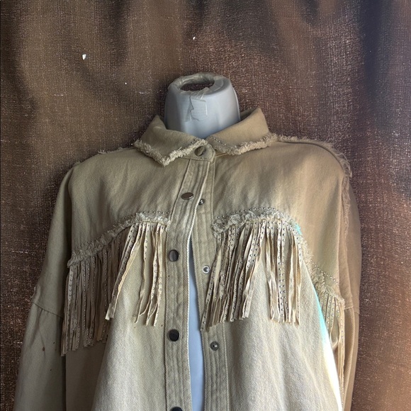 Fringe Trim Jean Jacket in Light Beige with fringe in front and back. - Picture 2 of 6